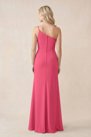 One - Shoulder Sheath Chiffon Ruched Bridesmaid Dress in Fuchsia - SHE IS ME Bridesmaid Dresses