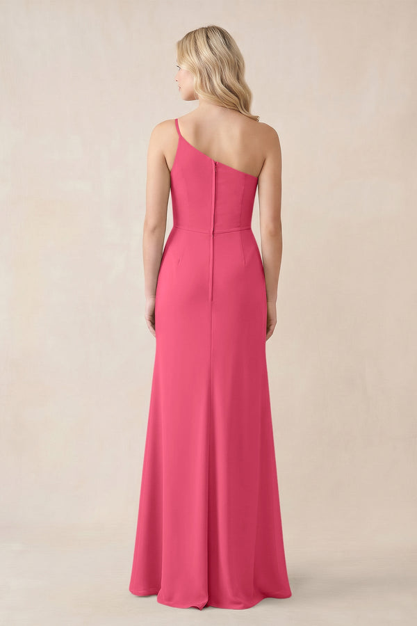 One - Shoulder Sheath Chiffon Ruched Bridesmaid Dress in Fuchsia - SHE IS ME Bridesmaid Dresses
