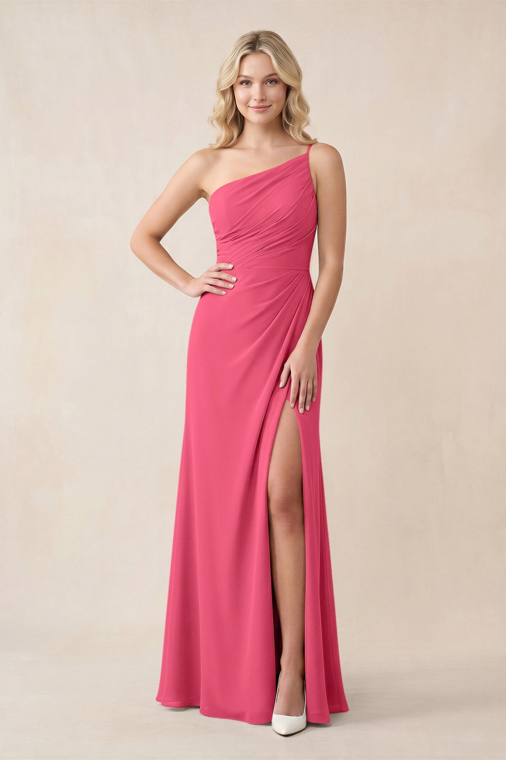 One - Shoulder Sheath Chiffon Ruched Bridesmaid Dress in Fuchsia - KISS BRIDAL Bridesmaid Dresses
