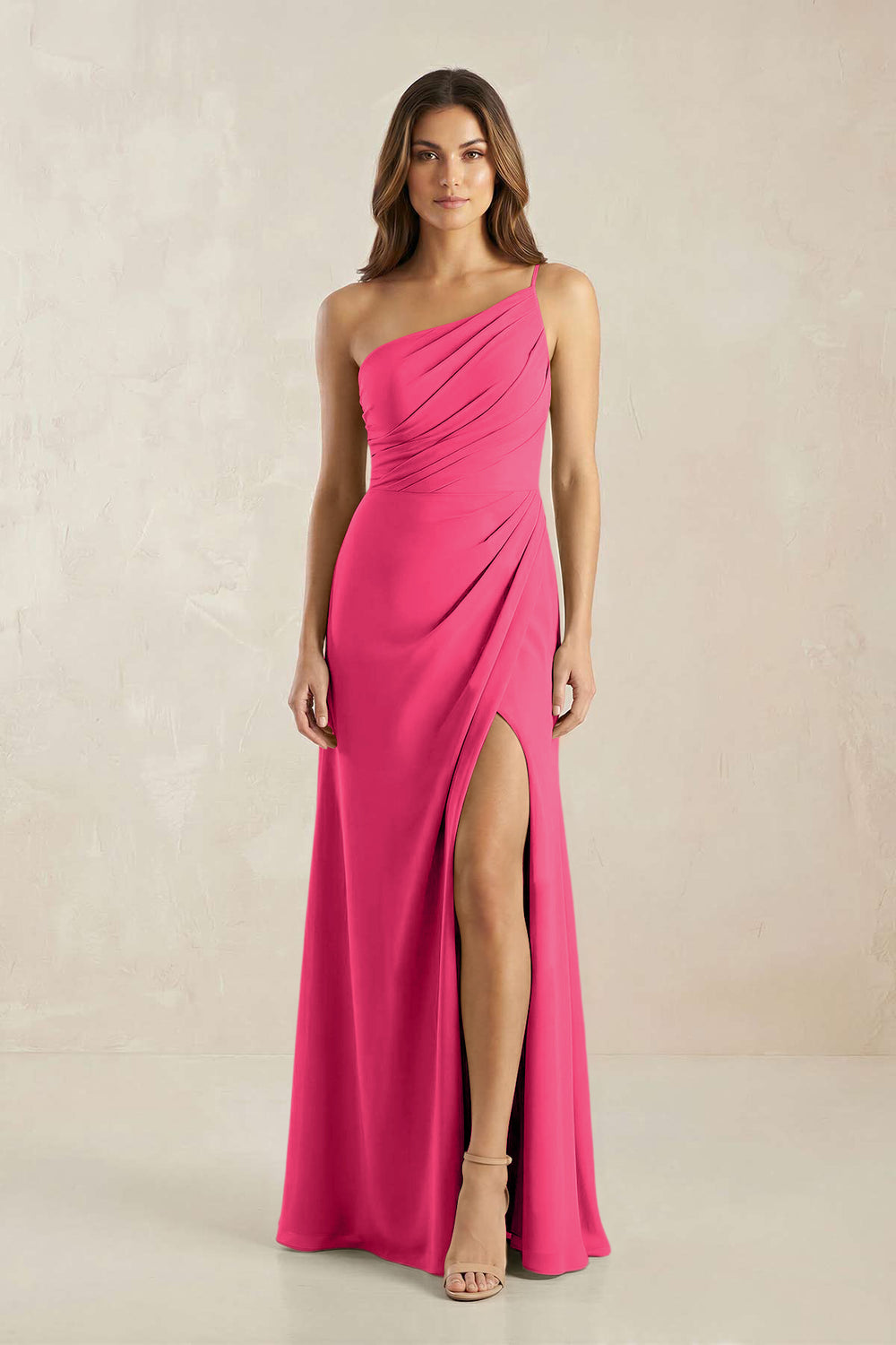 One-Shoulder Sheath Chiffon Ruched Bridesmaid Dress in Fuchsia