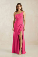 One-Shoulder Sheath Chiffon Ruched Bridesmaid Dress in Fuchsia | KISSBRIDAL