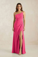 One-Shoulder Sheath Chiffon Ruched Bridesmaid Dress in Fuchsia | KISSBRIDAL