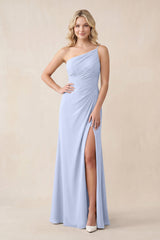 One - Shoulder Sheath Chiffon Ruched Bridesmaid Dress in Ice - KISS BRIDAL Bridesmaid Dresses