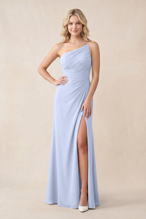 One - Shoulder Sheath Chiffon Ruched Bridesmaid Dress in Ice - SHE IS ME Bridesmaid Dresses