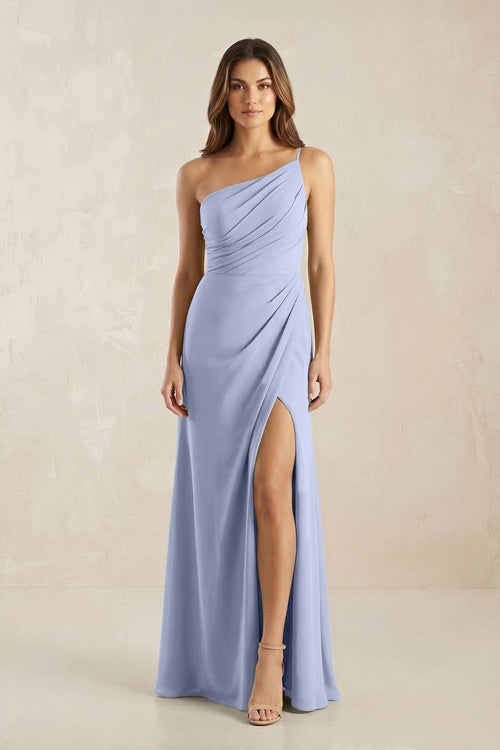 One-Shoulder Sheath Chiffon Ruched Bridesmaid Dress in Ice | KISSBRIDAL