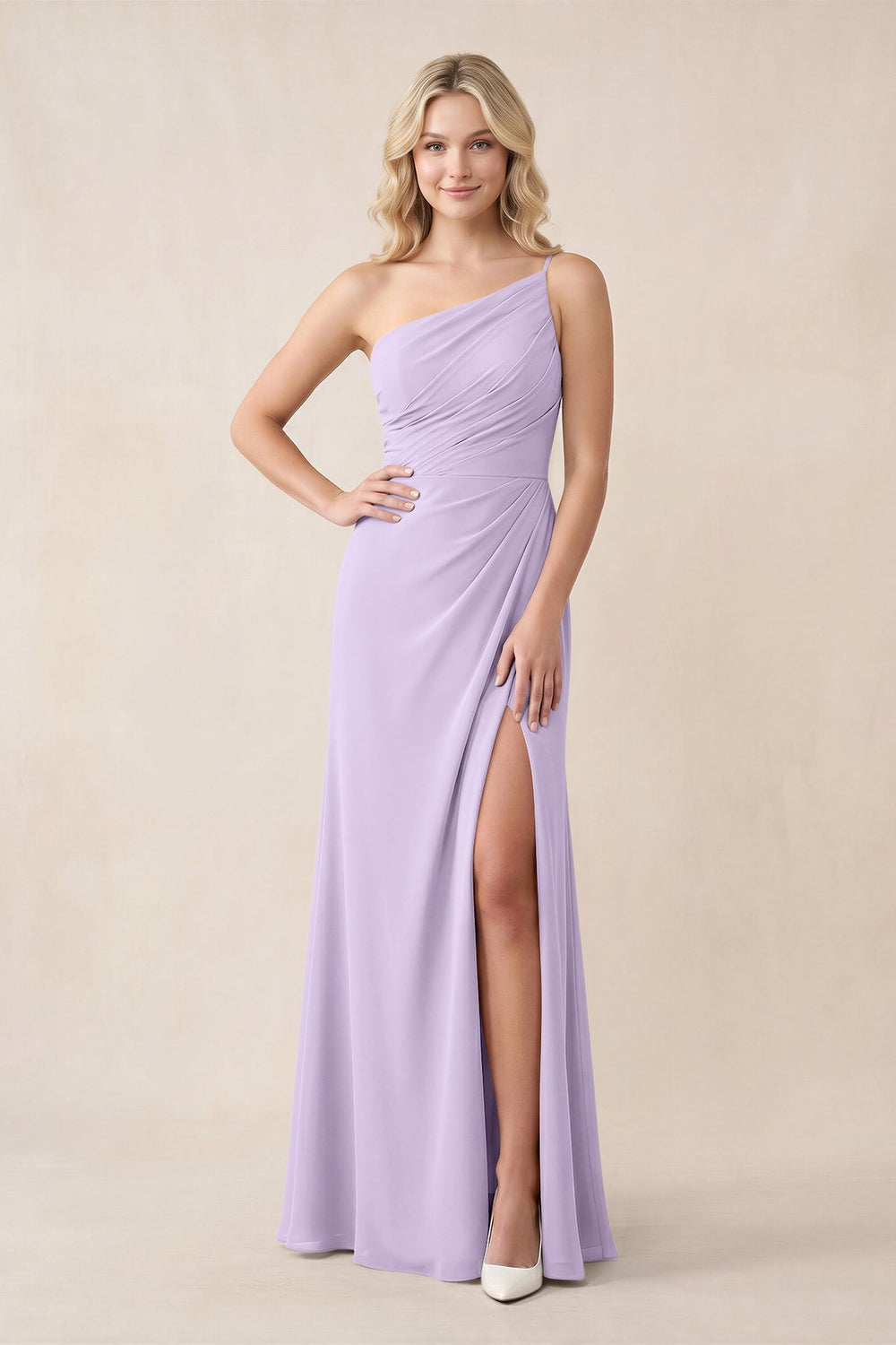 One - Shoulder Sheath Chiffon Ruched Bridesmaid Dress in Lavender - KISS BRIDAL Bridesmaid Dresses