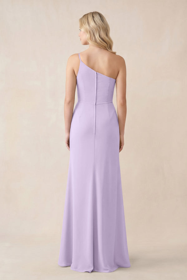 One - Shoulder Sheath Chiffon Ruched Bridesmaid Dress in Lavender - SHE IS ME Bridesmaid Dresses