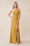 One - Shoulder Sheath Chiffon Ruched Bridesmaid Dress in Marigold - SHE IS ME Bridesmaid Dresses