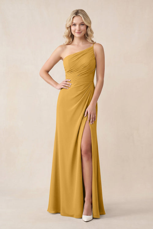 One - Shoulder Sheath Chiffon Ruched Bridesmaid Dress in Marigold - SHE IS ME Bridesmaid Dresses