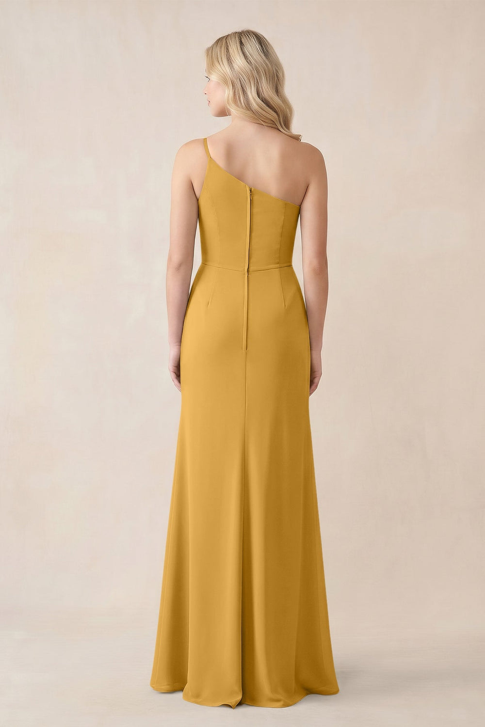 One - Shoulder Sheath Chiffon Ruched Bridesmaid Dress in Marigold - KISS BRIDAL Bridesmaid Dresses