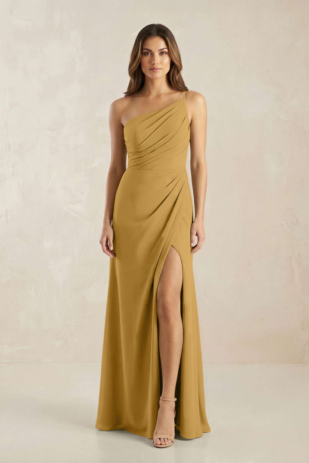 One-Shoulder Sheath Chiffon Ruched Bridesmaid Dress in Marigold