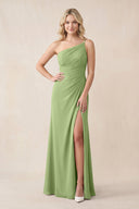 One - Shoulder Sheath Chiffon Ruched Bridesmaid Dress in Matcha - SHE IS ME Bridesmaid Dresses