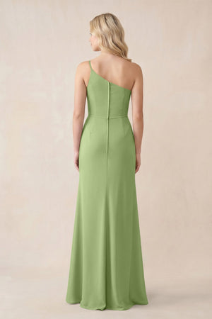 One - Shoulder Sheath Chiffon Ruched Bridesmaid Dress in Matcha - SHE IS ME Bridesmaid Dresses