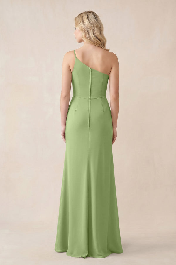 One - Shoulder Sheath Chiffon Ruched Bridesmaid Dress in Matcha - SHE IS ME Bridesmaid Dresses