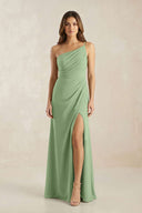 One-Shoulder Sheath Chiffon Ruched Bridesmaid Dress in Matcha | KISSBRIDAL