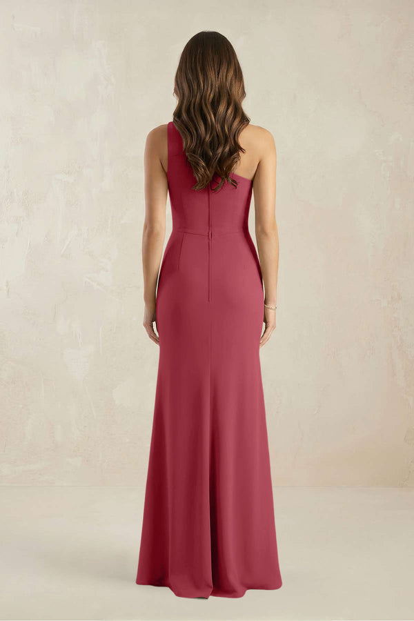 One-Shoulder Sheath Chiffon Ruched Bridesmaid Dress in Merlot (2) | KISSBRIDAL