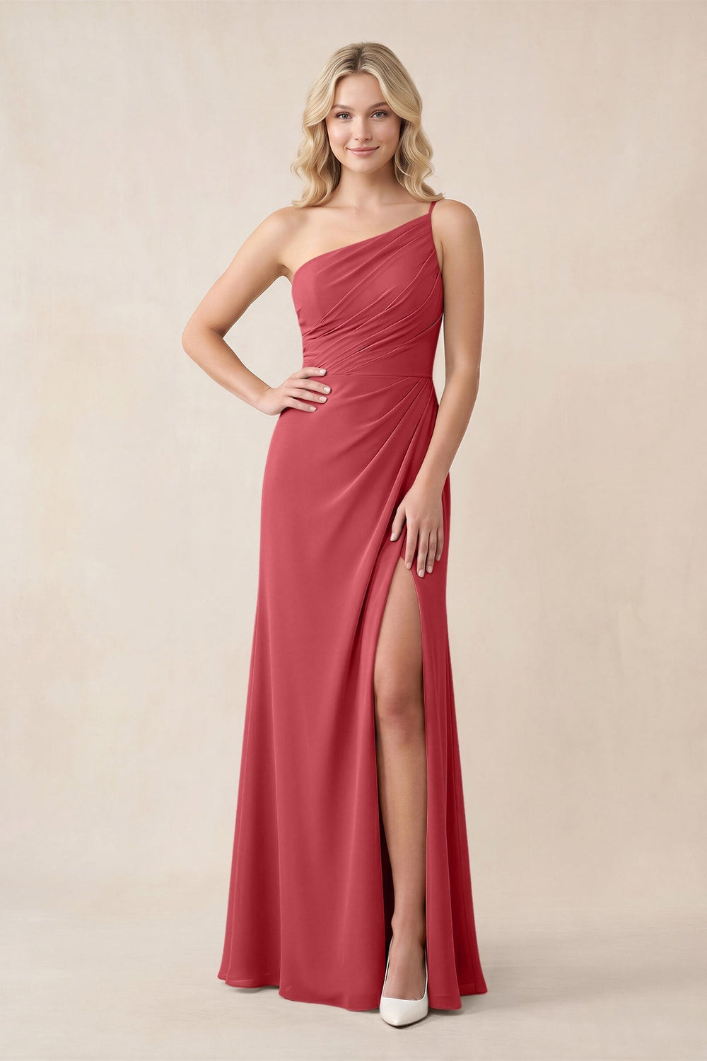 One - Shoulder Sheath Chiffon Ruched Bridesmaid Dress in Merlot - KISS BRIDAL Bridesmaid Dresses