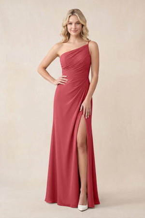 One - Shoulder Sheath Chiffon Ruched Bridesmaid Dress in Merlot - SHE IS ME Bridesmaid Dresses