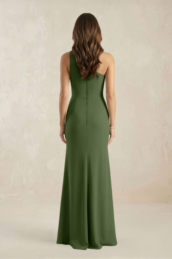 One-Shoulder Sheath Chiffon Ruched Bridesmaid Dress in Moss (2) | KISSBRIDAL