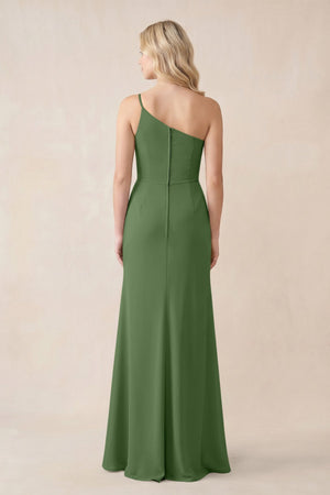 One - Shoulder Sheath Chiffon Ruched Bridesmaid Dress in Moss - SHE IS ME Bridesmaid Dresses