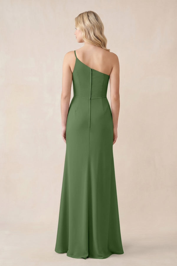 One - Shoulder Sheath Chiffon Ruched Bridesmaid Dress in Moss - SHE IS ME Bridesmaid Dresses