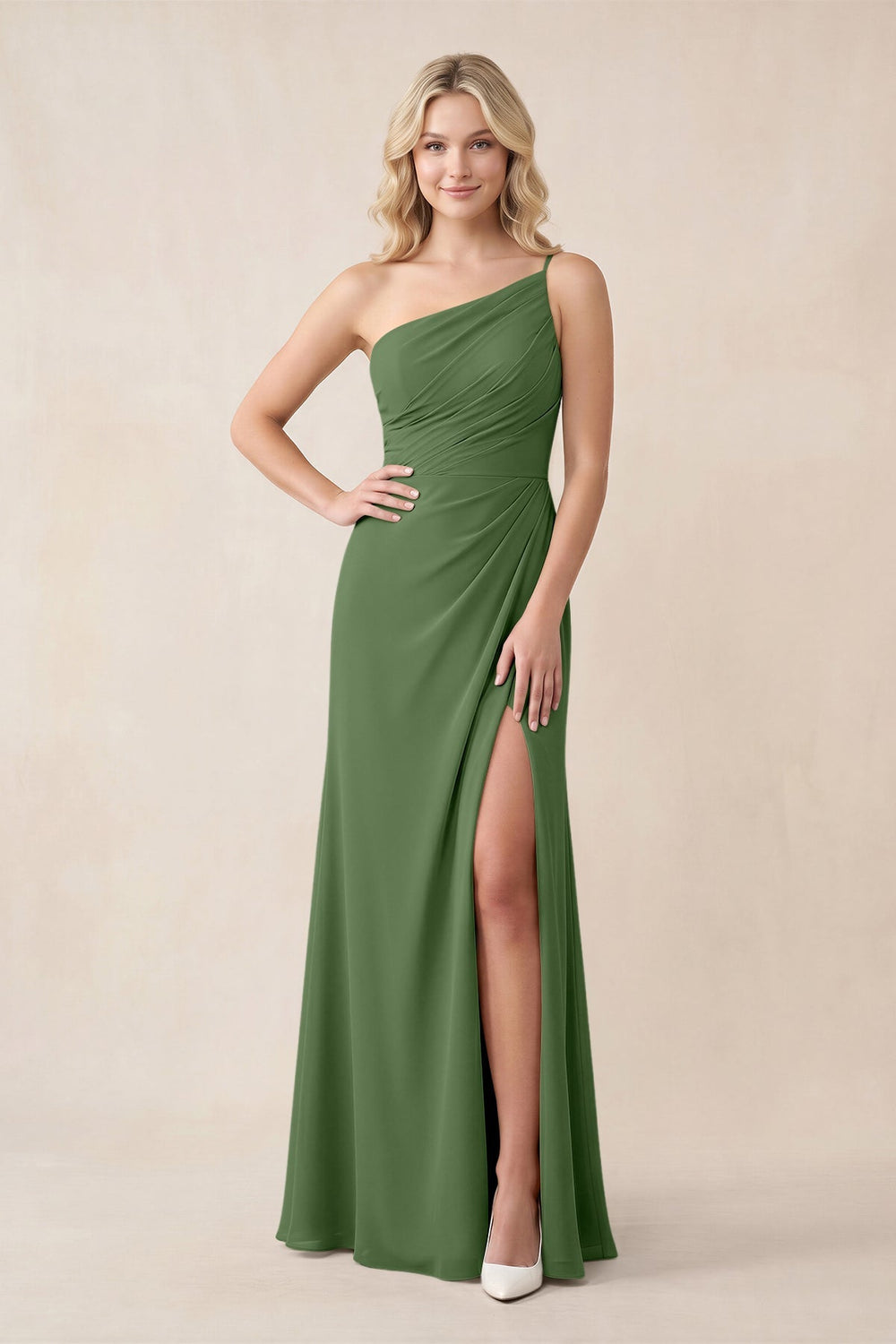 One - Shoulder Sheath Chiffon Ruched Bridesmaid Dress in Moss - KISS BRIDAL Bridesmaid Dresses