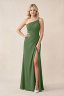 One - Shoulder Sheath Chiffon Ruched Bridesmaid Dress in Moss - SHE IS ME Bridesmaid Dresses