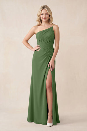 One - Shoulder Sheath Chiffon Ruched Bridesmaid Dress in Moss - SHE IS ME Bridesmaid Dresses