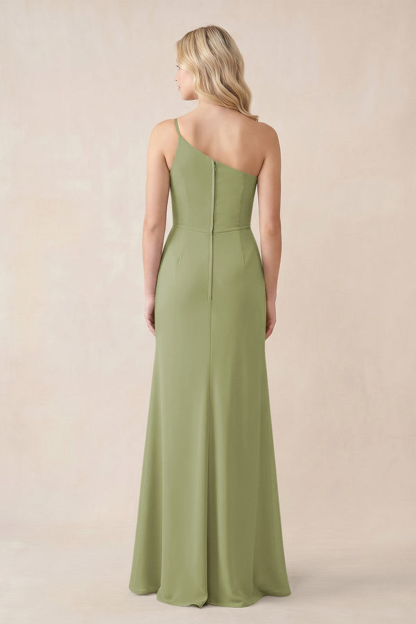 One - Shoulder Sheath Chiffon Ruched Bridesmaid Dress in Moss Green - SHE IS ME Bridesmaid Dresses