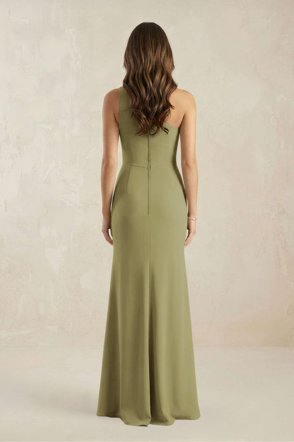 One-Shoulder Sheath Chiffon Ruched Bridesmaid Dress in Moss Green (2) | KISSBRIDAL