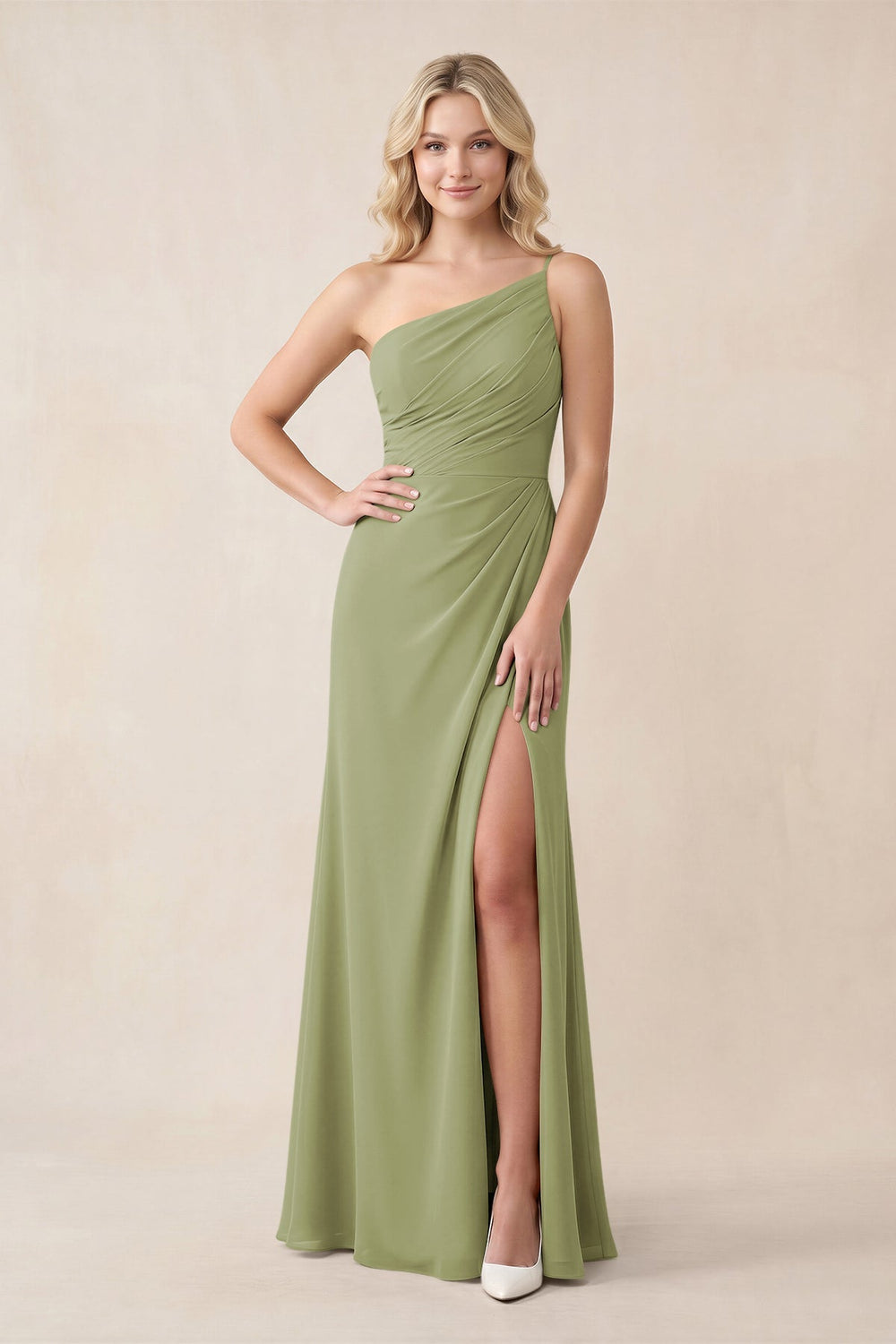 One - Shoulder Sheath Chiffon Ruched Bridesmaid Dress in Moss Green - KISS BRIDAL Bridesmaid Dresses