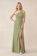 One - Shoulder Sheath Chiffon Ruched Bridesmaid Dress in Moss Green - SHE IS ME Bridesmaid Dresses