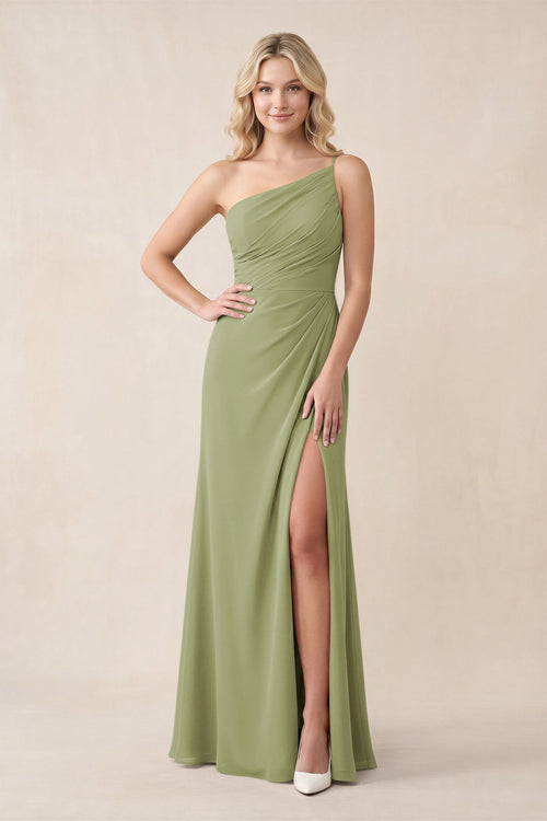 One - Shoulder Sheath Chiffon Ruched Bridesmaid Dress in Moss Green - SHE IS ME Bridesmaid Dresses