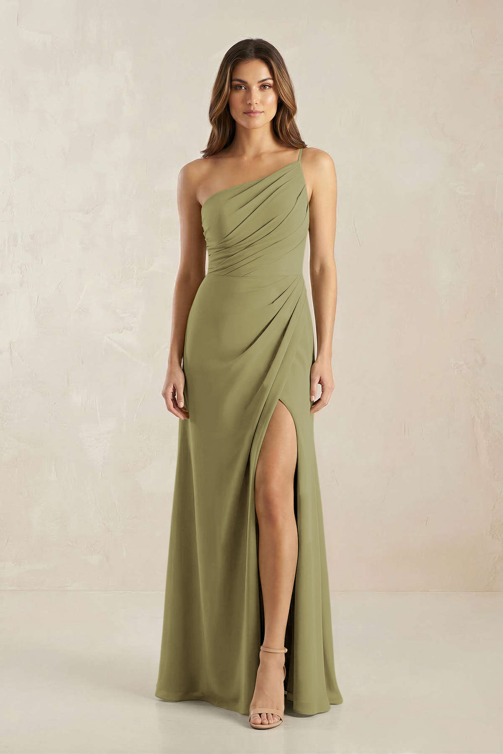 One-Shoulder Sheath Chiffon Ruched Bridesmaid Dress in Moss Green