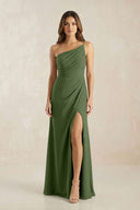 One-Shoulder Sheath Chiffon Ruched Bridesmaid Dress in Moss | KISSBRIDAL