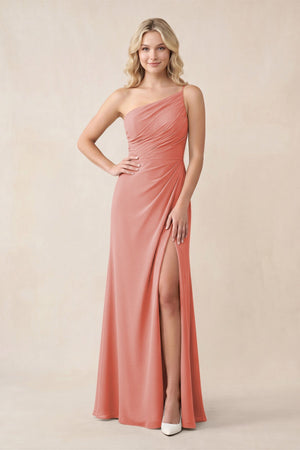 One - Shoulder Sheath Chiffon Ruched Bridesmaid Dress in Mulberry - SHE IS ME Bridesmaid Dresses