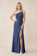 One - Shoulder Sheath Chiffon Ruched Bridesmaid Dress in Navy - SHE IS ME Bridesmaid Dresses