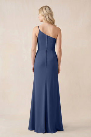 One - Shoulder Sheath Chiffon Ruched Bridesmaid Dress in Navy - SHE IS ME Bridesmaid Dresses