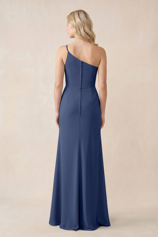 One - Shoulder Sheath Chiffon Ruched Bridesmaid Dress in Navy - SHE IS ME Bridesmaid Dresses
