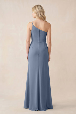 One - Shoulder Sheath Chiffon Ruched Bridesmaid Dress in Neptune - SHE IS ME Bridesmaid Dresses