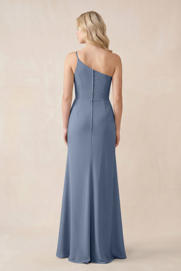 One - Shoulder Sheath Chiffon Ruched Bridesmaid Dress in Neptune - SHE IS ME Bridesmaid Dresses
