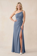 One - Shoulder Sheath Chiffon Ruched Bridesmaid Dress in Neptune - KISS BRIDAL Bridesmaid Dresses