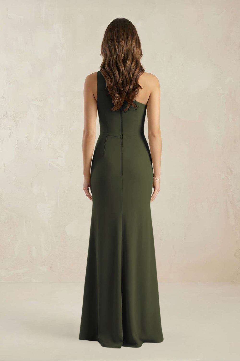One-Shoulder Sheath Chiffon Ruched Bridesmaid Dress in Olive