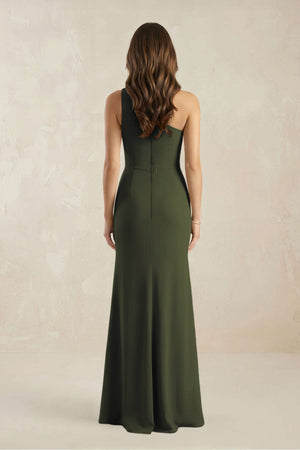 One-Shoulder Sheath Chiffon Ruched Bridesmaid Dress in Olive (2) | KISSBRIDAL