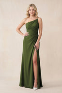 One - Shoulder Sheath Chiffon Ruched Bridesmaid Dress in Olive - SHE IS ME Bridesmaid Dresses