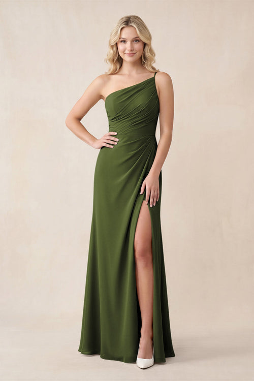One - Shoulder Sheath Chiffon Ruched Bridesmaid Dress in Olive - SHE IS ME Bridesmaid Dresses