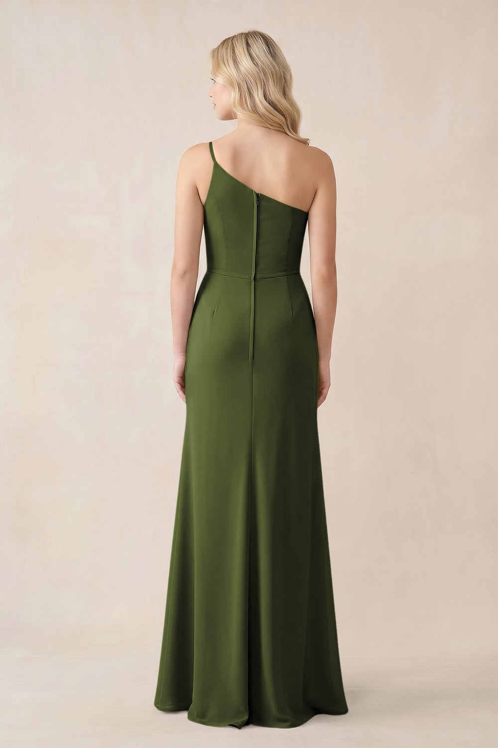 One - Shoulder Sheath Chiffon Ruched Bridesmaid Dress in Olive - KISS BRIDAL Bridesmaid Dresses