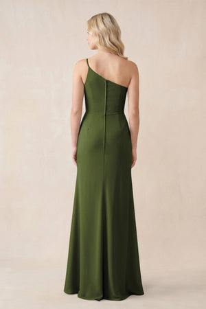 One - Shoulder Sheath Chiffon Ruched Bridesmaid Dress in Olive - SHE IS ME Bridesmaid Dresses