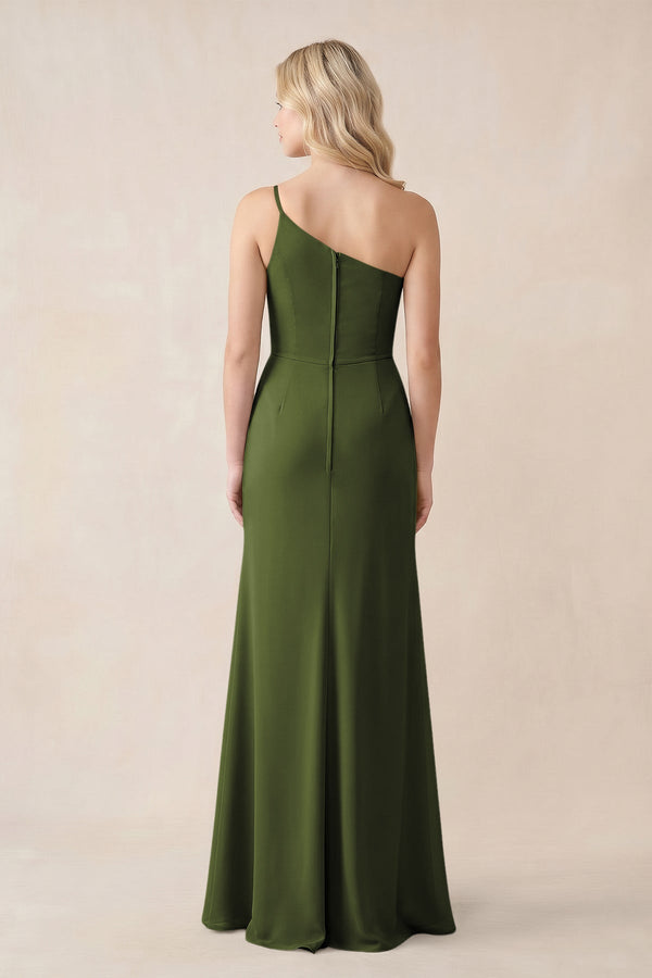 One - Shoulder Sheath Chiffon Ruched Bridesmaid Dress in Olive - SHE IS ME Bridesmaid Dresses