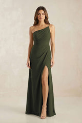 One-Shoulder Sheath Chiffon Ruched Bridesmaid Dress in Olive | KISSBRIDAL